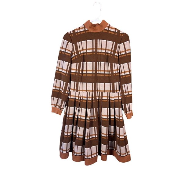 VTG 60’s Promenade MOD Brown Plaid Dress Made In Italy Sz 10 Brady Bunch Retro - Picture 1 of 13
